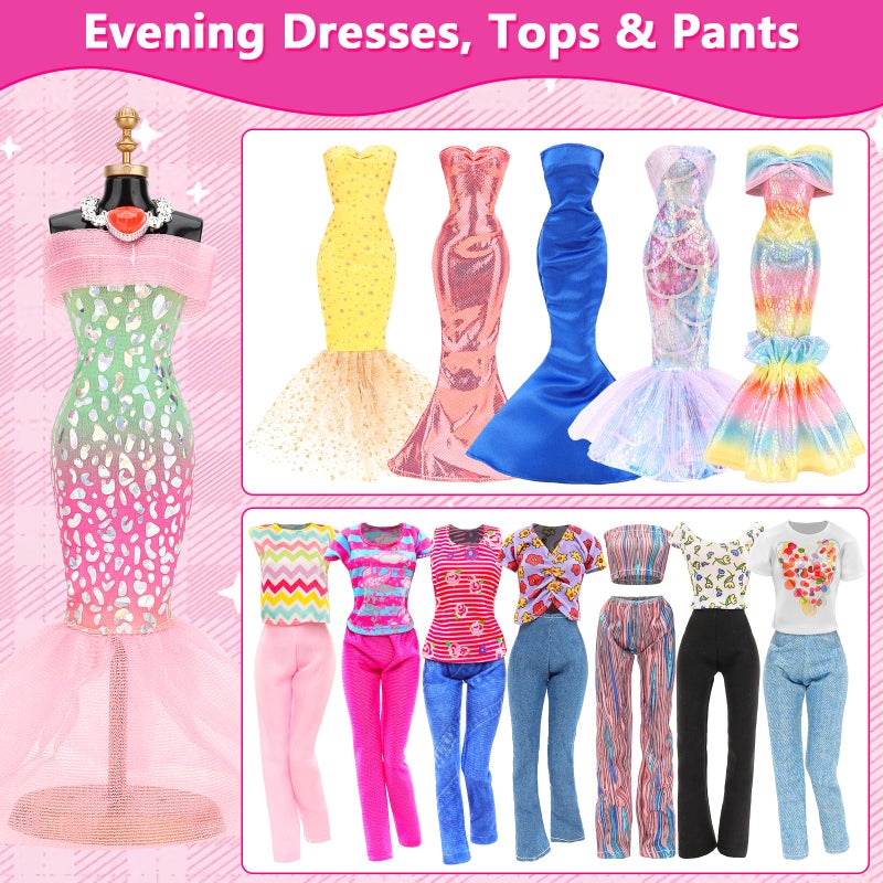 ENOCHT 80 PCS Doll Clothes and Accessories 5 Wedding Gowns 9 Fashion Dresses 3 Tops 3 Pants 1 Evening Dresses 2 Swimsuits Bikini 20 Hangers 18 Shoes and 22 Accessories Toys for 11.5 inch Doll - Image 4